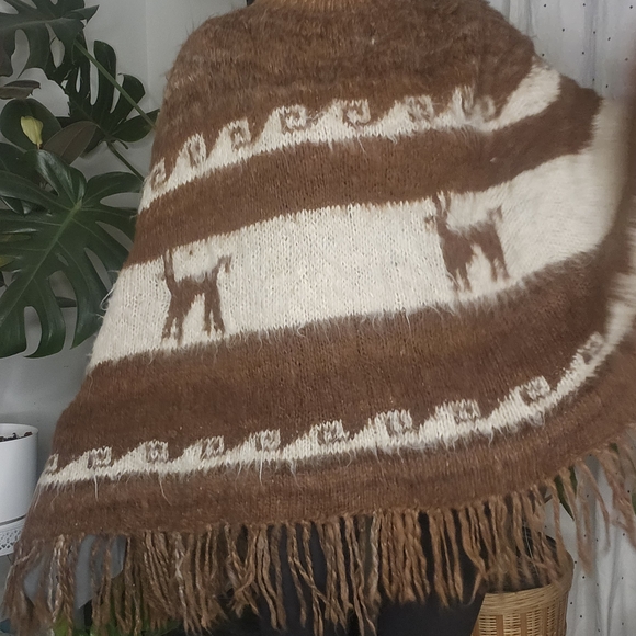 Vintage Sweaters - 70s Vintage Alpaca Wool Knit Poncho with Fringe Brown & Cream Boho Festival